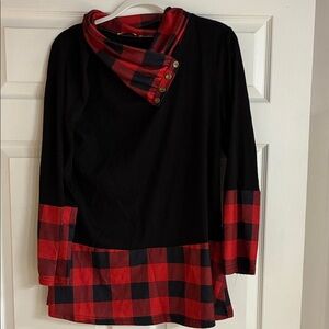 Women's Black Top with Red Buffalo Plaid Accents
